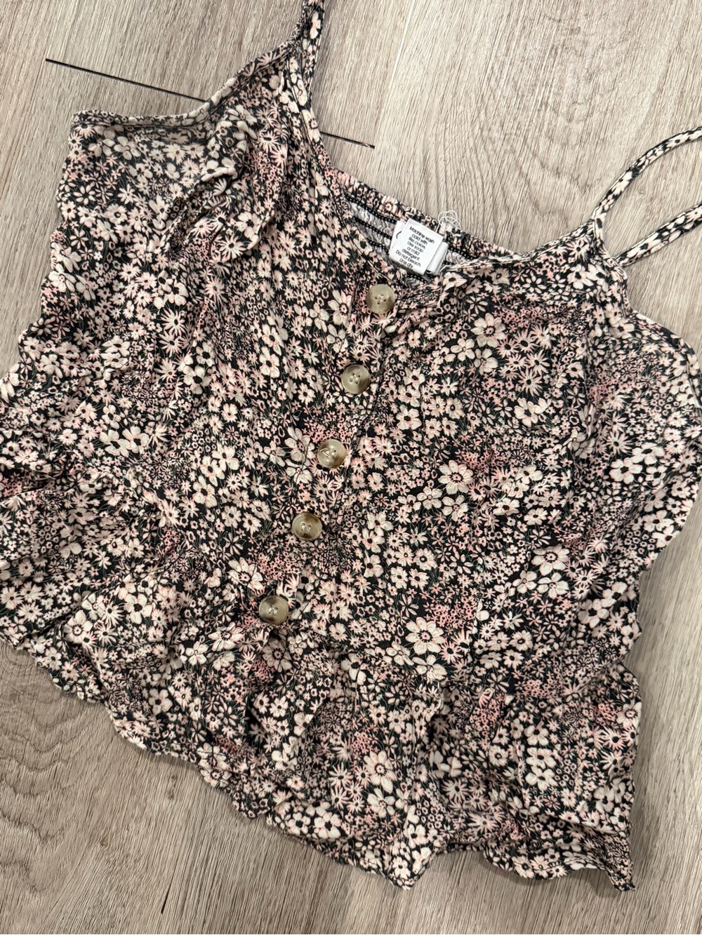Floral Button-Front Spaghetti Strap Tank Top - Pink/Black